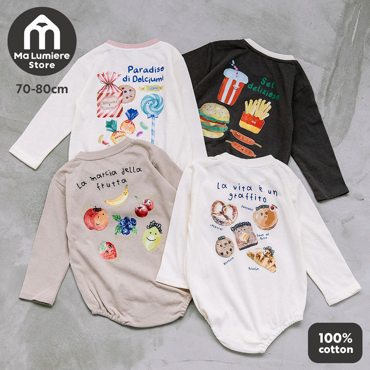 【新作】[t.] たべもの前後プリント長袖ロンパース