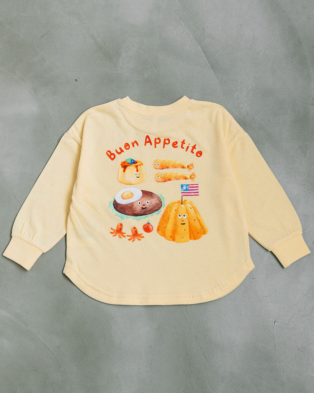 【予約】【新色追加】[t.] たべもの前後プリント長袖 Tシャツ